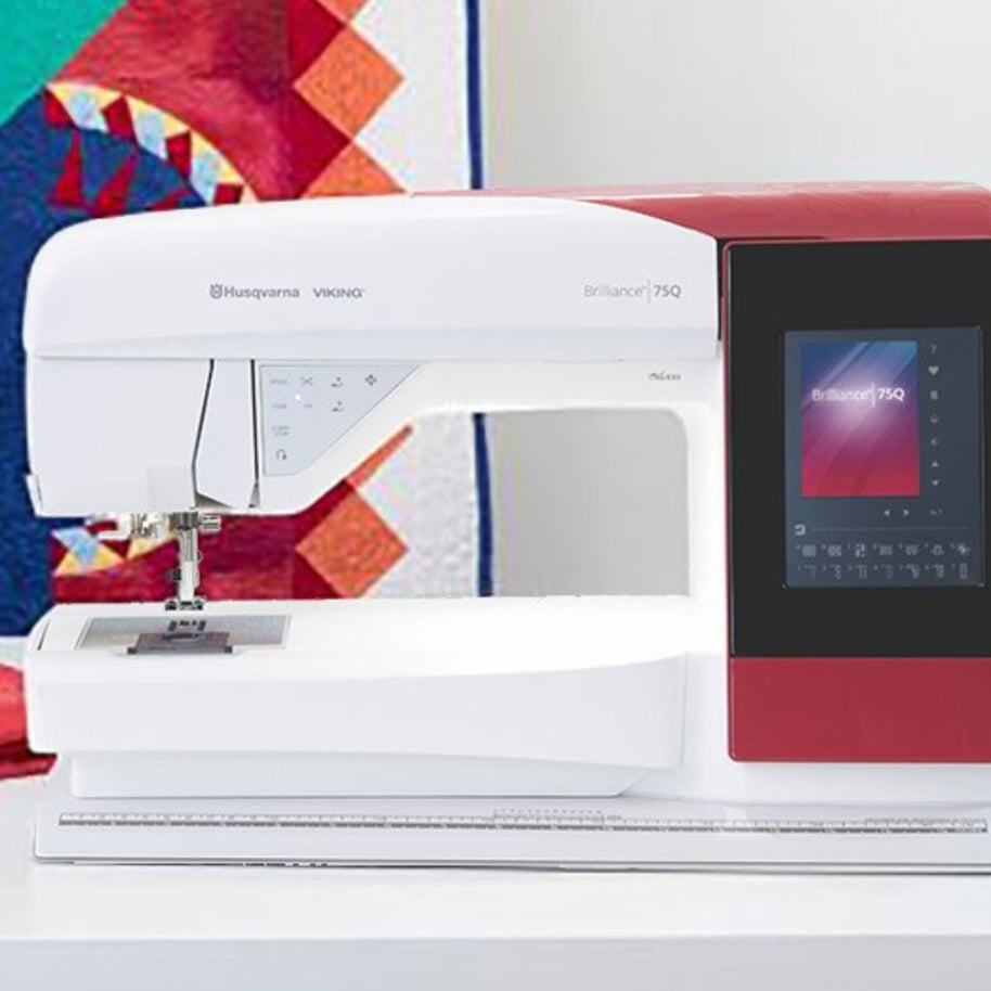 Macchina per cucire Husqvarna Viking Brilliance 75Q con sfondo patchwork