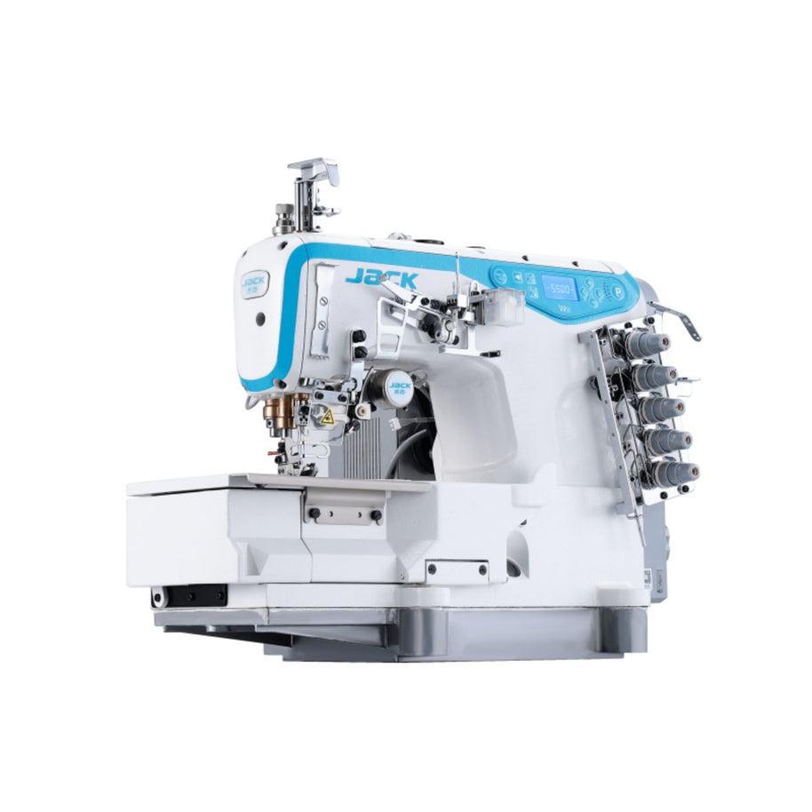 Jack W5E-UT Macchina Punto Copertura Industriale a 3 Aghi con Rasafilo e Alzapiedino