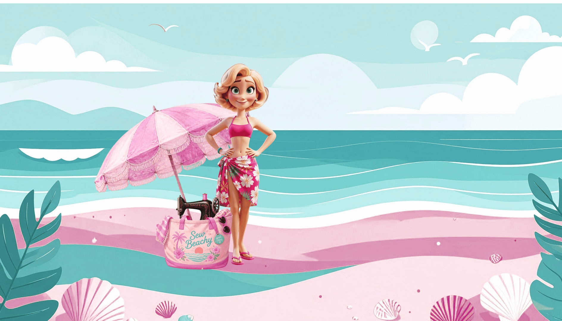 BabiJolì, avatar di Barbara, in spiaggia con un ombrellone rosa e una borsa dalla quale spunta un'antica macchina per cucire