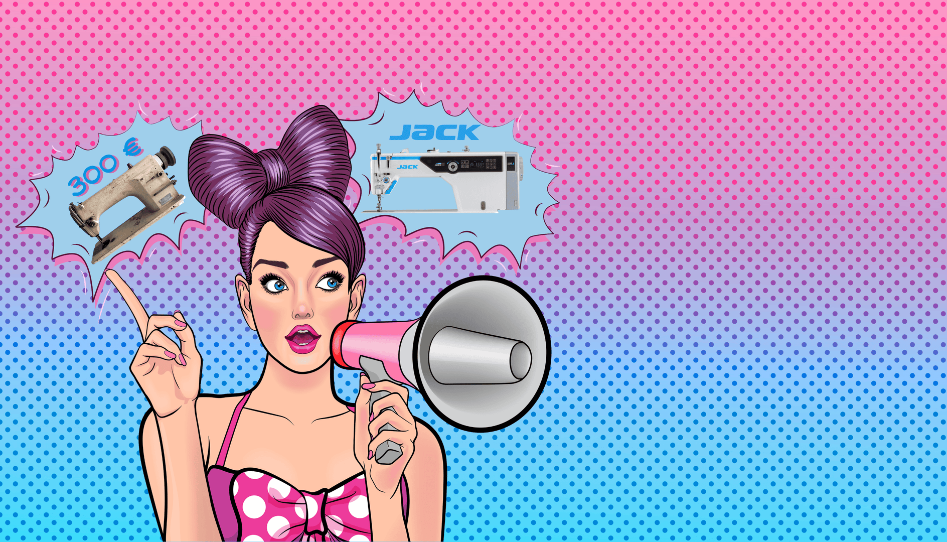 Ragazza fumetto con megafono che descrive a promozione della valuazione fino a €300 dell'usato, per l'acquisto di una macchina per cucire JACK