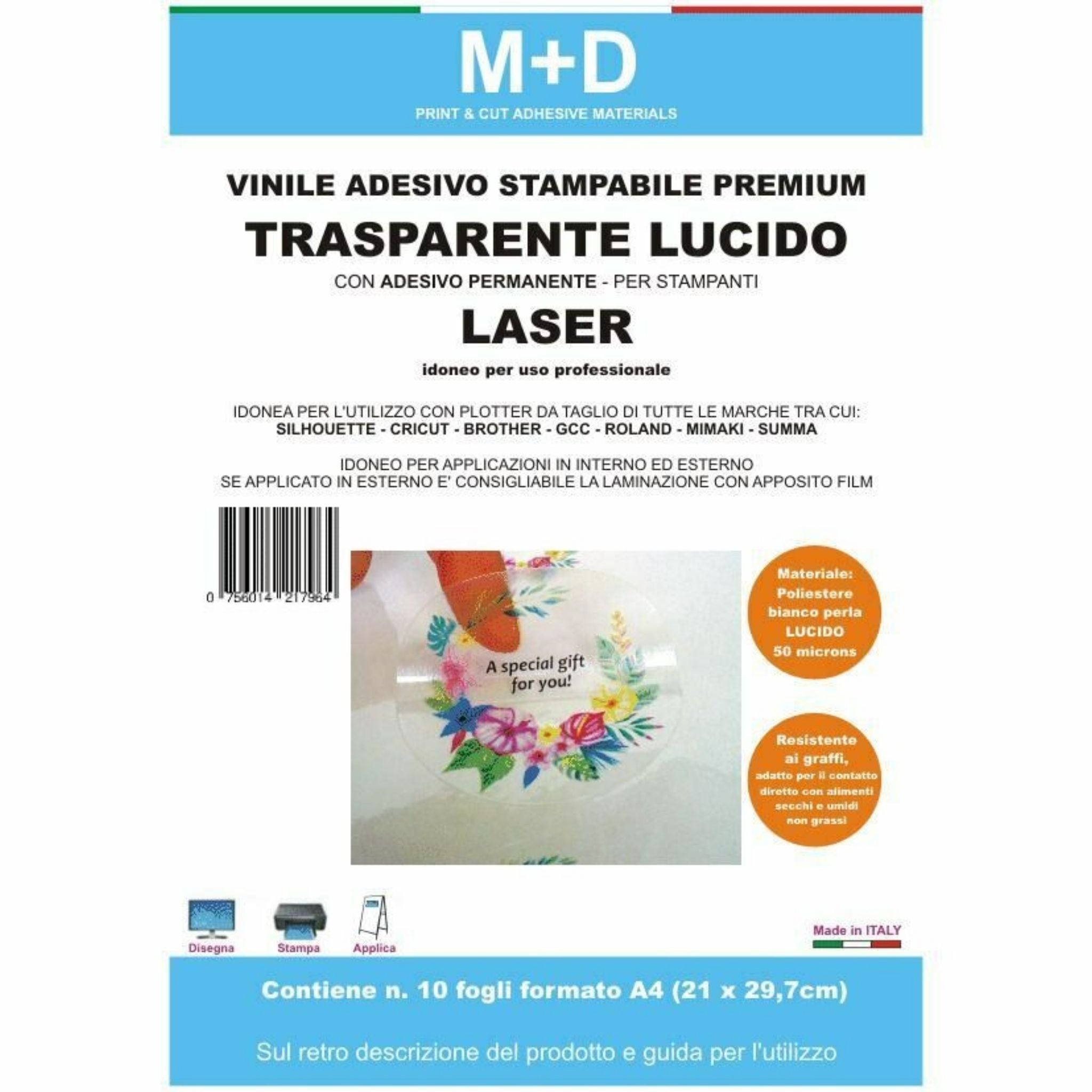 Vinile adesivo calandrato per stampanti ink-jet trasparente lucido - conf.  da 10 fogli a4